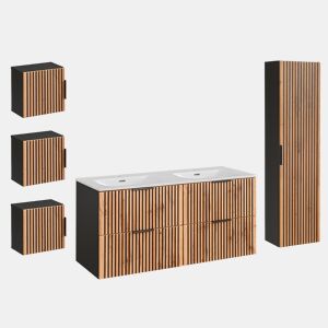 Conjunto móvel lavatório duplo encastrável 120cm coluna e 3 armários murais Gaia Madeira e Preto