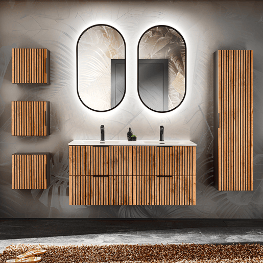 Conjunto móvel lavatório duplo encastrável 120cm coluna e 3 armários murais Gaia Madeira e Preto