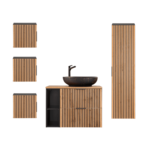Conjunto móvel lavatório simples 80cm 2 nichos coluna e 3 armários murais Gaia Madeira e Preto Lavatório preto
