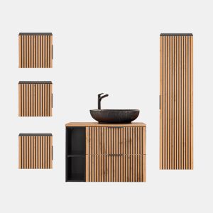 Conjunto móvel lavatório simples 80cm 2 nichos coluna e 3 armários murais Gaia Madeira e Preto Lavatório preto