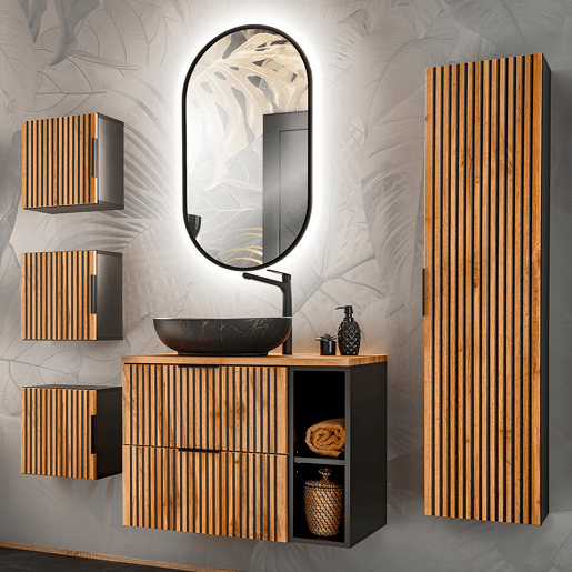 Conjunto móvel lavatório simples 80cm 2 nichos coluna e 3 armários murais Gaia Madeira e Preto Lavatório preto