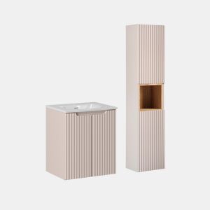 Conjunto móvel simples lavatório embutido 50cm 2 portas e coluna Riva Caxemira e Madeira