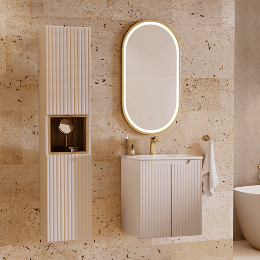 Conjunto móvel simples lavatório embutido 50cm 2 portas e coluna Riva Caxemira e Madeira