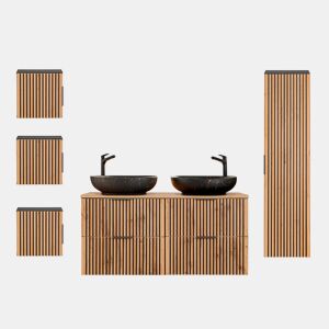 Conjunto móvel lavatório duplo 120cm coluna e 3 armários murais Gaia Madeira e Preto Lavatório preto