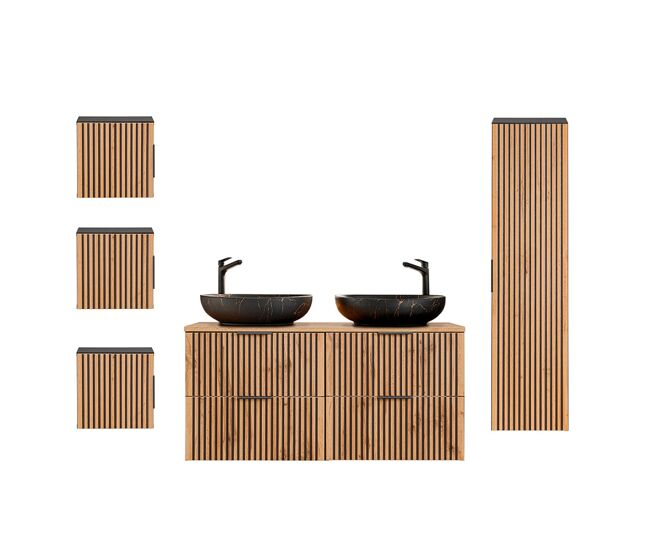 Conjunto de muebles con doble lavabo 120cm columna y 3 armarios de pared gaia madera y negro - lavabo negro
