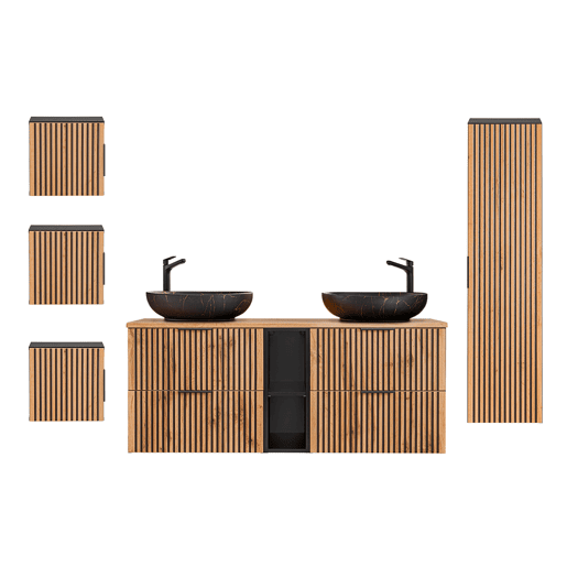 Conjunto móvel lavatório duplo 140cm 2 nichos coluna e 3 armários murais Gaia Madeira e Preto Lavatório preto