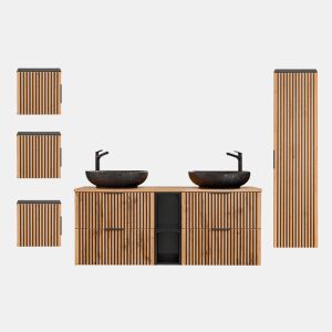 Conjunto móvel lavatório duplo 140cm 2 nichos coluna e 3 armários murais Gaia Madeira e Preto Lavatório preto