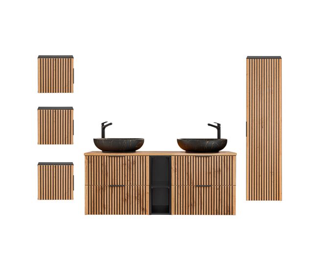 Conjunto de muebles con doble lavabo 140cm 2 compartimientos columna y 3 armarios de pared gaia madera y negro - lavabo
