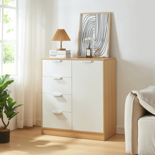 Aparador Varkaus com 4 gavetas + 1 porta MDF 90x80x40 cm - CarvalhoBranco en.casa.