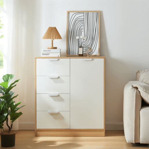 Aparador Varkaus com 4 gavetas + 1 porta MDF 90x80x40 cm - CarvalhoBranco en.casa.