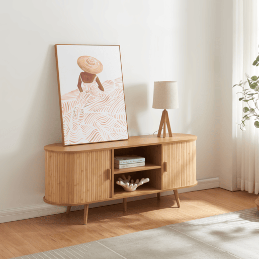 Aparador Nordkapp com 2 portas MDF bambu 140x40x56cm - Natural en.casa.