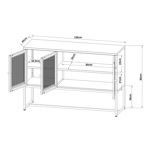 Aparador Sund com 3 portas em rede de aço 120x40x80cm - Cinzento en.casa.