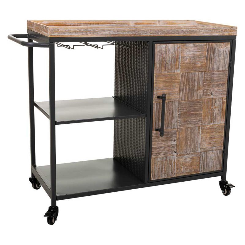 Mueble botellero con ruedas de madera y metal de una balda y una puerta gris 100x40x83,5h cm