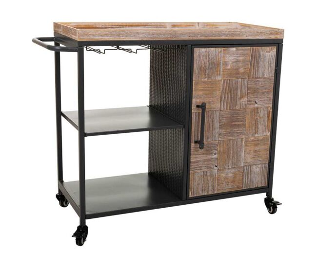 Mueble botellero con ruedas de madera y metal de una balda y una puerta gris 100x40x83,5h cm