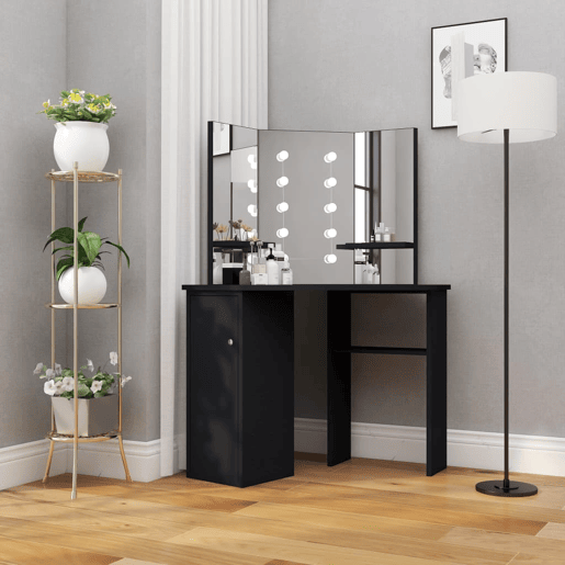 vidaXL Toucador de canto com LED 111x54x141,5 cm preto