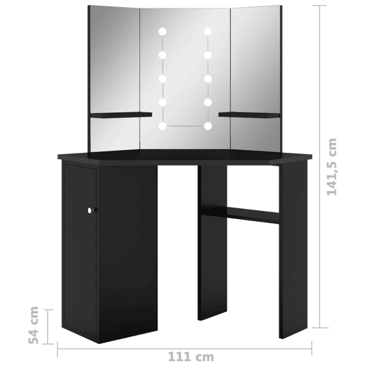 vidaXL Toucador de canto com LED 111x54x141,5 cm preto