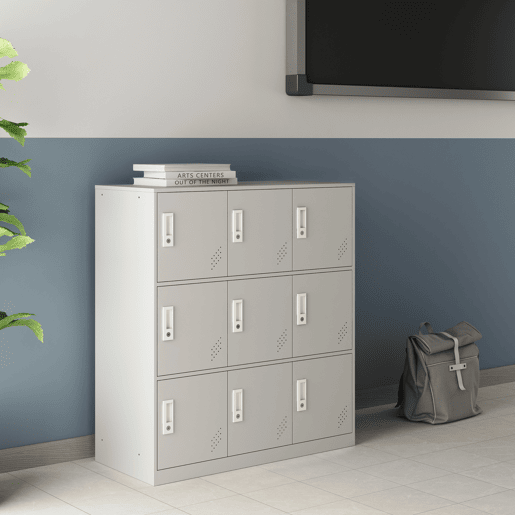 Cacifo metálico Rautavaara 9 portas com fechadura de aço 100x90x40cm - Cinzento pálido en.casa
