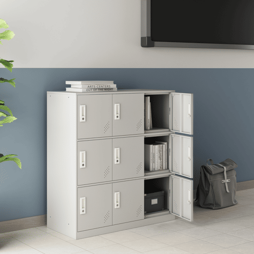 Cacifo metálico Rautavaara 9 portas com fechadura de aço 100x90x40cm - Cinzento pálido en.casa