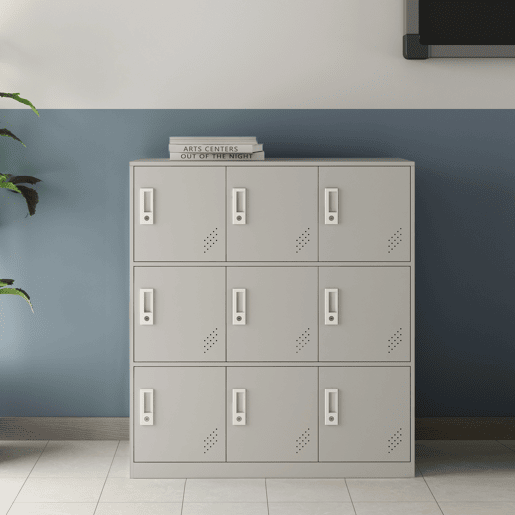 Cacifo metálico Rautavaara 9 portas com fechadura de aço 100x90x40cm - Cinzento pálido en.casa