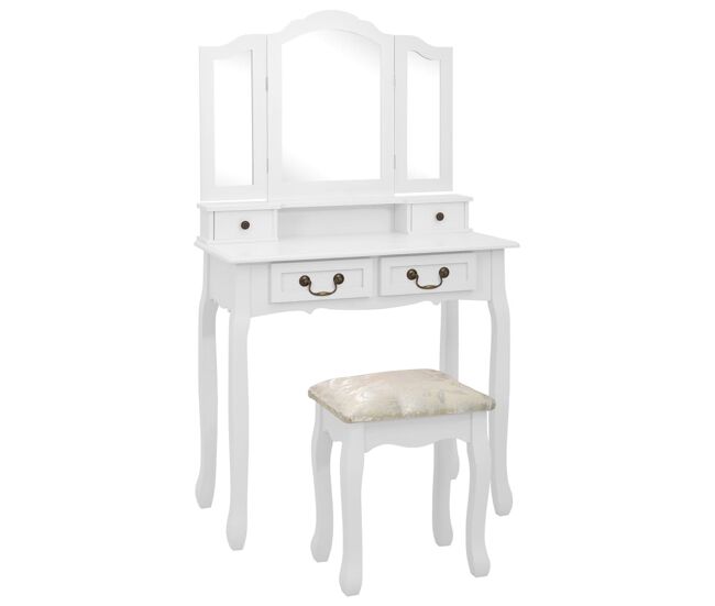 Vidaxl juego de tocador y taburete madera paulownia blanco 80x69x141cm
