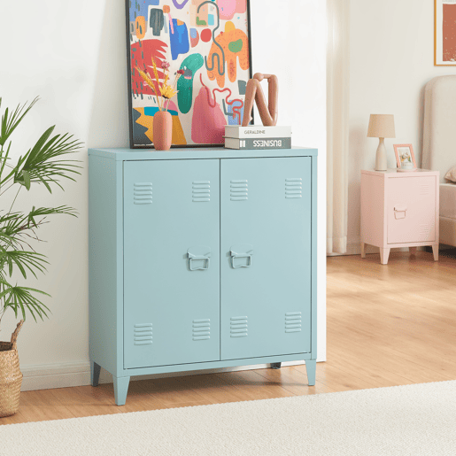 Armário de escritório Oripää com prateleira de aço regulável 90x80x33cm - Azul acinzentado en.casa