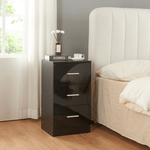 Mesa de cabeceira Aurdal com 3 gavetas em aglomerado 66x37x34.5cm - Preto alto brilho en.casa