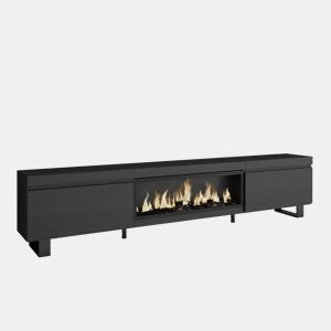 Móvel de TV, Muito espaço de arrumação, 267x35x57cm, TV de grande formato, Lareira eléctrica XXL, Design industrial, Estilo moderno, Preto