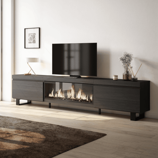 Móvel de TV, Muito espaço de arrumação, 267x35x57cm, TV de grande formato, Lareira eléctrica XXL, Design industrial, Estilo moderno, Preto Móvel de TV, Muito espaço de arrumação, 267x35x57cm, TV de grande formato, Lareira eléctrica XXL, Design industrial, Estilo moderno, Preto