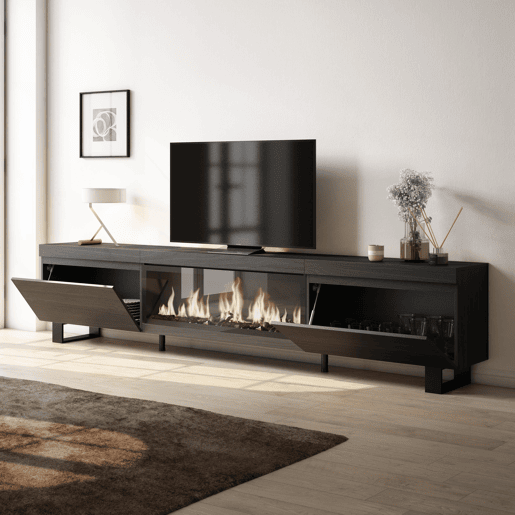Móvel de TV, Muito espaço de arrumação, 267x35x57cm, TV de grande formato, Lareira eléctrica XXL, Design industrial, Estilo moderno, Preto Móvel de TV, Muito espaço de arrumação, 267x35x57cm, TV de grande formato, Lareira eléctrica XXL, Design industrial, Estilo moderno, Preto