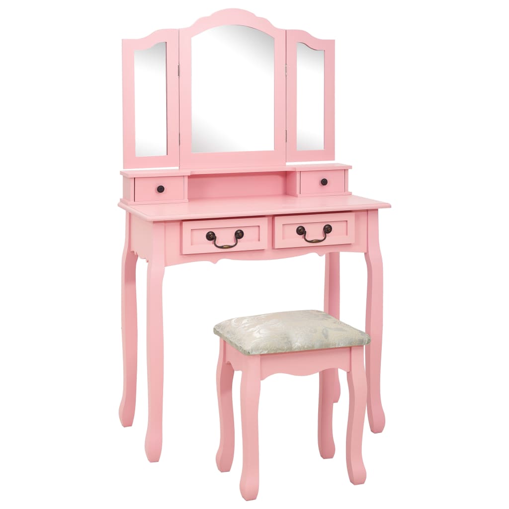 Vidaxl juego de tocador y taburete madera paulownia rosa 80x69x141 cm