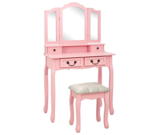 Vidaxl juego de tocador y taburete madera paulownia rosa 80x69x141 cm