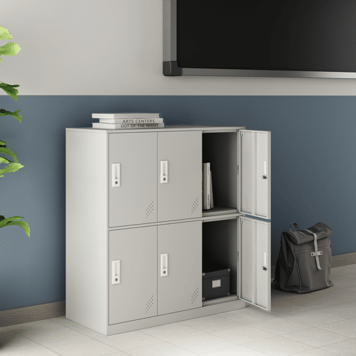 Cacifo metálico Rautavaara 6 portas com fechadura de aço 100x90x40cm - Cinzento pálido en.casa