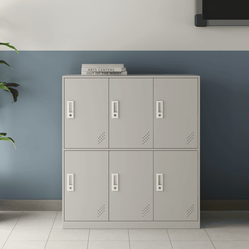 Cacifo metálico Rautavaara 6 portas com fechadura de aço 100x90x40cm - Cinzento pálido en.casa