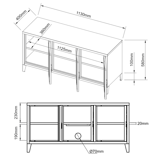 Mesa Tele Kotka com 3 portas de aço 113x40x58 cm - Preto en.casa