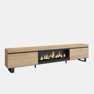 Móvel de TV, Muito espaço de arrumação, 267x35x57cm, TV de grande formato, Lareira eléctrica XXL, Design industrial, Estilo moderno, Carvalho