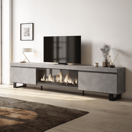 Móvel de TV, Muito espaço de arrumação, 267x35x57cm, TV de grande formato, Lareira eléctrica XXL, Design industrial, Estilo moderno, Cimento