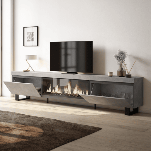 Móvel de TV, Muito espaço de arrumação, 267x35x57cm, TV de grande formato, Lareira eléctrica XXL, Design industrial, Estilo moderno, Cimento