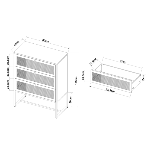 Cómoda Sund com 3 gavetas em aço 105x80x40cm - Cinzento en.casa