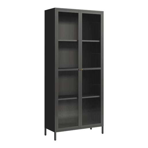 Vitrina Säkylä com 2 portas e 4 prateleiras, vidro canelado e aço 180 x 80 x 35 cm - Preto e translúcido en.casa.