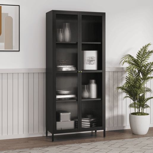 Vitrina Säkylä com 2 portas e 4 prateleiras, vidro canelado e aço 180 x 80 x 35 cm - Preto e translúcido en.casa.