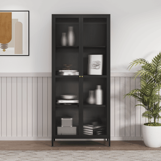 Vitrina Säkylä com 2 portas e 4 prateleiras, vidro canelado e aço 180 x 80 x 35 cm - Preto e translúcido en.casa.