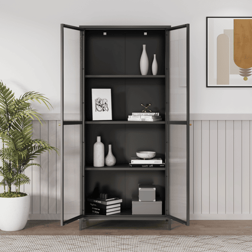 Vitrina Säkylä com 2 portas e 4 prateleiras, vidro canelado e aço 180 x 80 x 35 cm - Preto e translúcido en.casa.