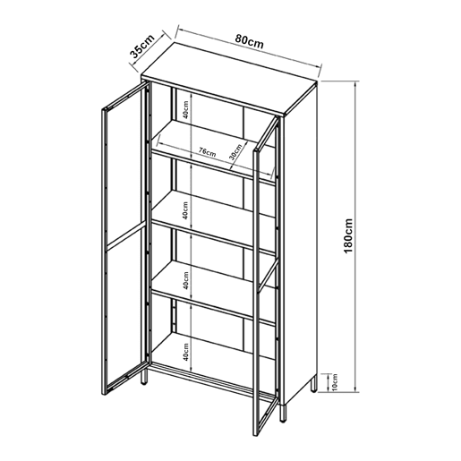 Vitrina Säkylä com 2 portas e 4 prateleiras, vidro canelado e aço 180 x 80 x 35 cm - Preto e translúcido en.casa.