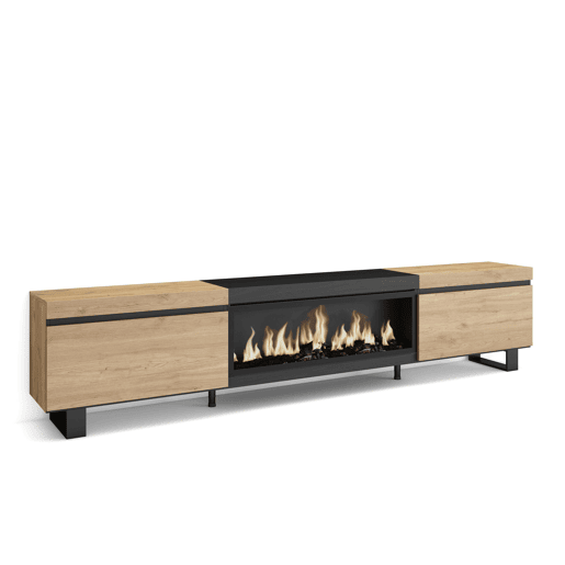 Móvel de TV, Muito espaço de arrumação, 267x35x57cm, TV de grande formato, Lareira eléctrica XXL, Design industrial, Estilo moderno, Carvalho e preto Móvel de TV, Muito espaço de arrumação, 267x35x57cm, TV de grande formato, Lareira eléctrica XXL, Design industrial, Estilo moderno, Carvalho e preto