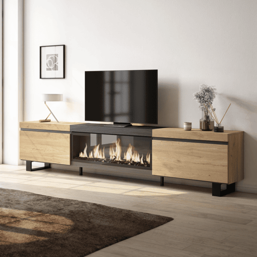 Móvel de TV, Muito espaço de arrumação, 267x35x57cm, TV de grande formato, Lareira eléctrica XXL, Design industrial, Estilo moderno, Carvalho e preto Móvel de TV, Muito espaço de arrumação, 267x35x57cm, TV de grande formato, Lareira eléctrica XXL, Design industrial, Estilo moderno, Carvalho e preto