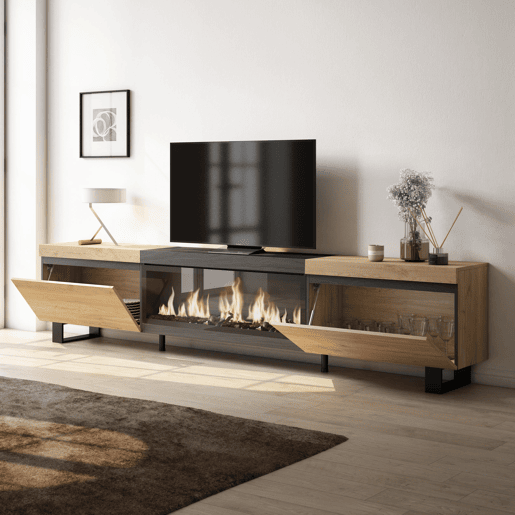 Móvel de TV, Muito espaço de arrumação, 267x35x57cm, TV de grande formato, Lareira eléctrica XXL, Design industrial, Estilo moderno, Carvalho e preto Móvel de TV, Muito espaço de arrumação, 267x35x57cm, TV de grande formato, Lareira eléctrica XXL, Design industrial, Estilo moderno, Carvalho e preto