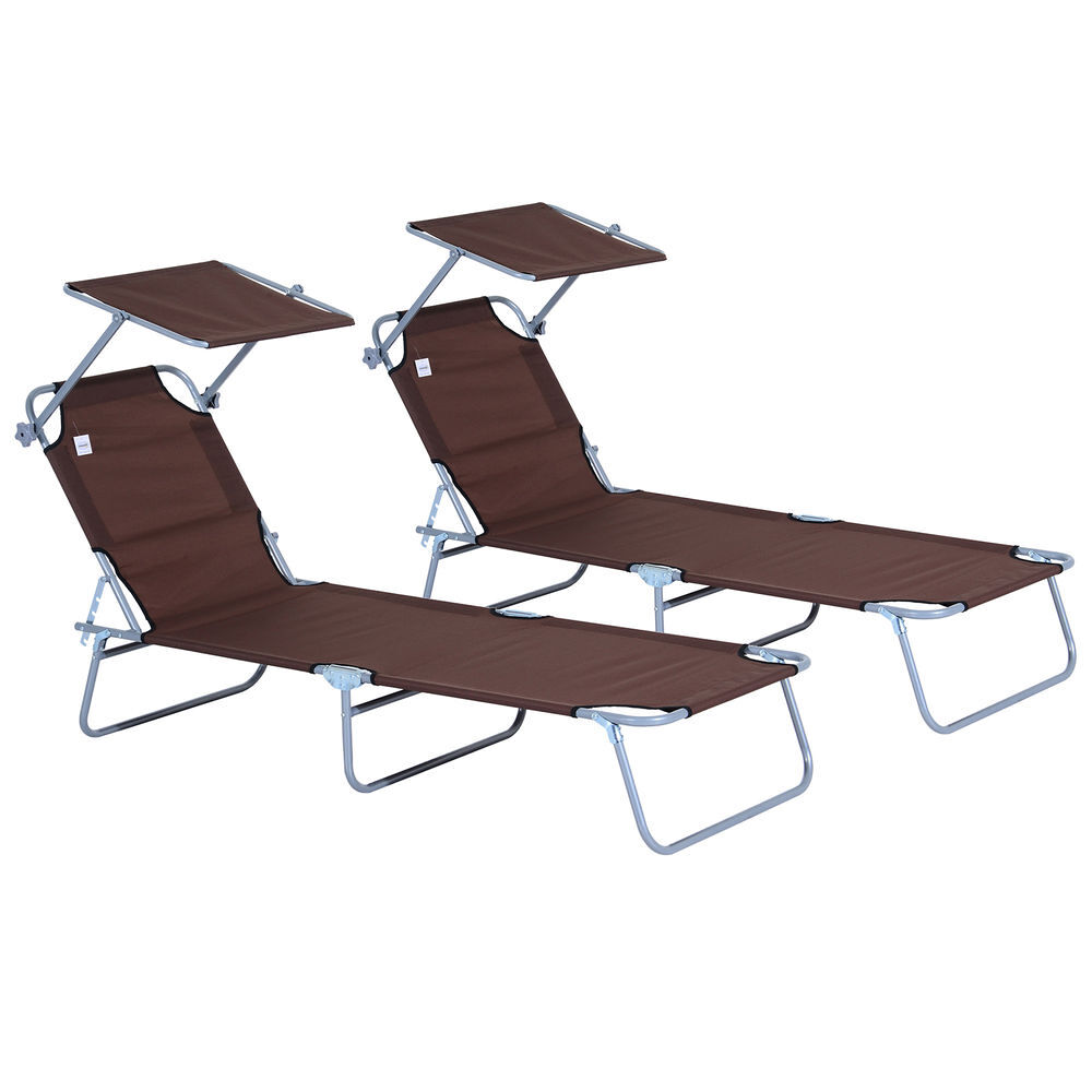 Outsunny conjunto de 2 tumbonas plegables tumbonas de jardín reclinables con toldo desmontable respaldo ajustable en 5 niveles para terraza piscina 187x58x36 cm marrón