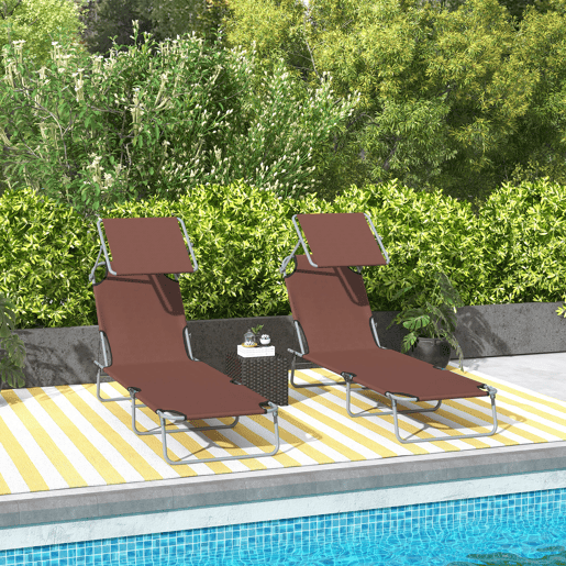 Outsunny Conjunto de 2 Espreguiçadeiras Dobráveis Espreguiçadeiras de Jardim Reclináveis com Toldo Removível Encosto Ajustável em 5 Níveis para Terraço Piscina 187x58x36 cm Marrom