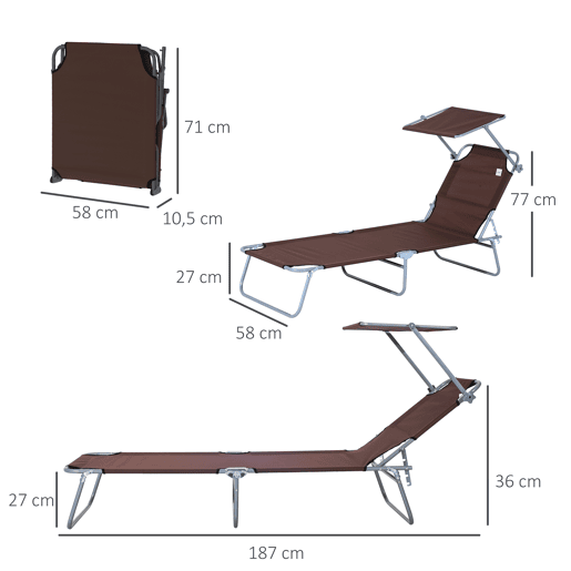 Outsunny Conjunto de 2 Espreguiçadeiras Dobráveis Espreguiçadeiras de Jardim Reclináveis com Toldo Removível Encosto Ajustável em 5 Níveis para Terraço Piscina 187x58x36 cm Marrom