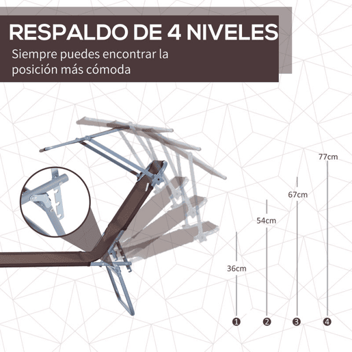 Outsunny Conjunto de 2 Espreguiçadeiras Dobráveis Espreguiçadeiras de Jardim Reclináveis com Toldo Removível Encosto Ajustável em 5 Níveis para Terraço Piscina 187x58x36 cm Marrom